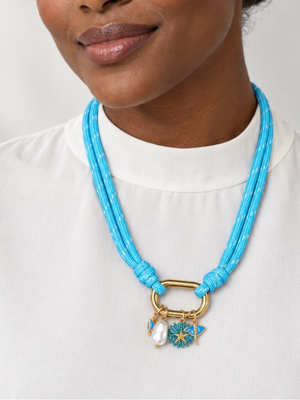 Turquoise Rope Necklace with Gold Charm Pendant